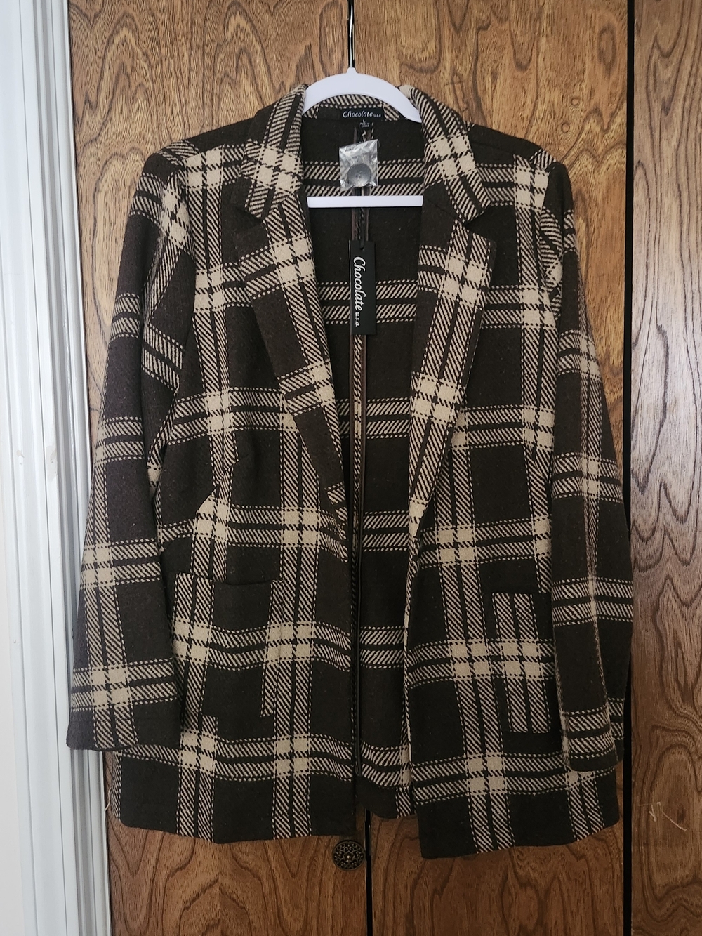 Chocolate Brown and Cream Plaid Blazer Jacket